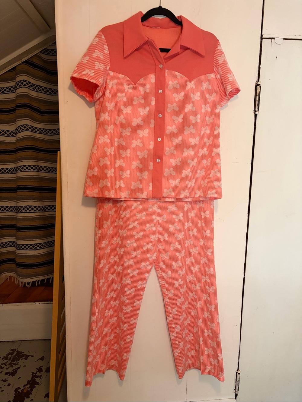 70s retro vintage coral and white butterfly pants set size L